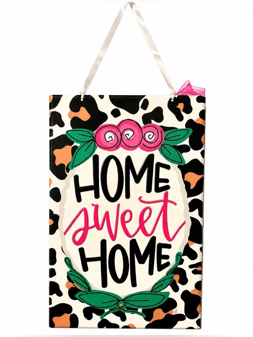 Home Sweet Home Floral Leopard Print Hanging Wall Sign | Pink & Black